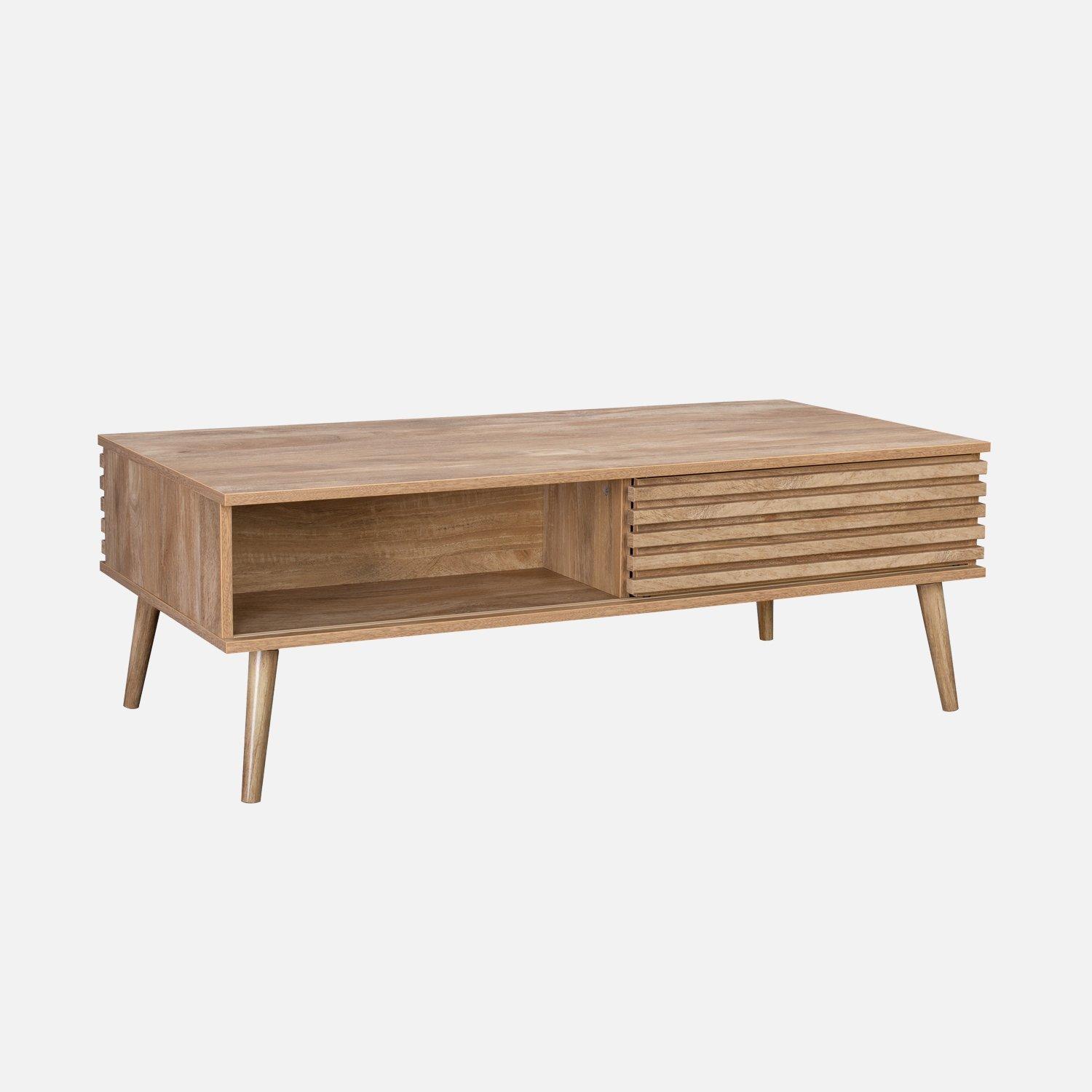 Scandinavian Coffee Table With Sliding Doors Grooved Wood Decor